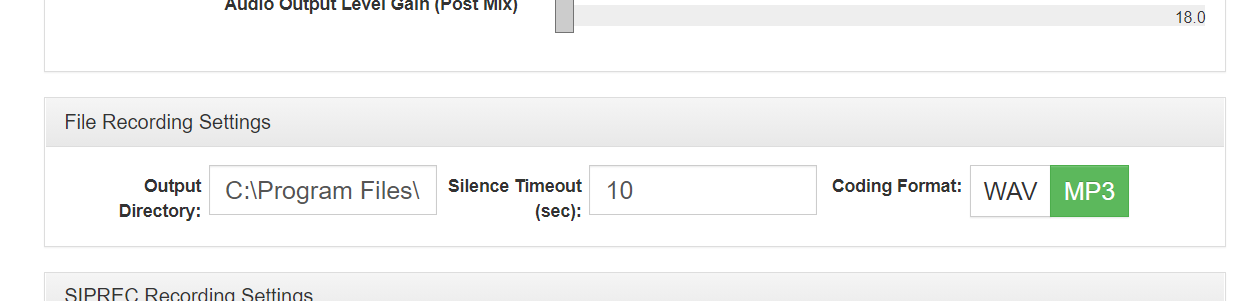 screenshot of the system administration showing the file recording settings
