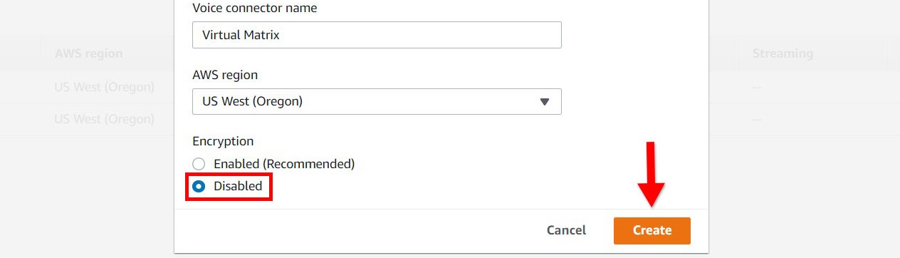 A screenshot of the aws voice connector menu