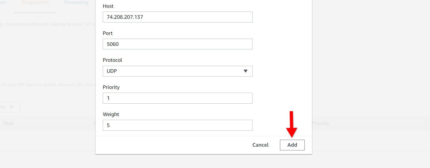 A screenshot of the aws chime origination menu