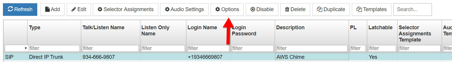 A screenshot of the VLink system administration client options button