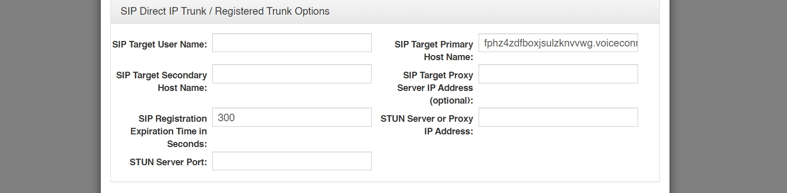 A screenshot of the VLink system administration sip trunk options