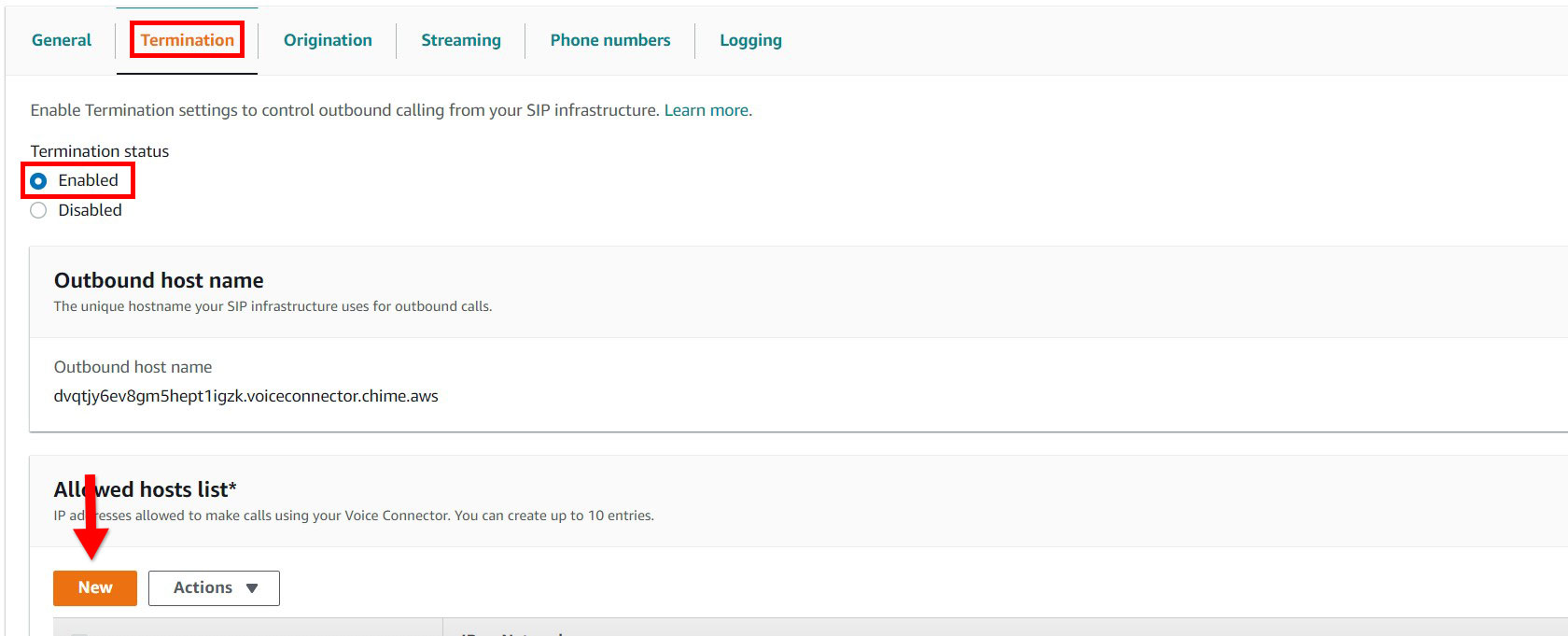 A screenshot of the aws voice connector menu