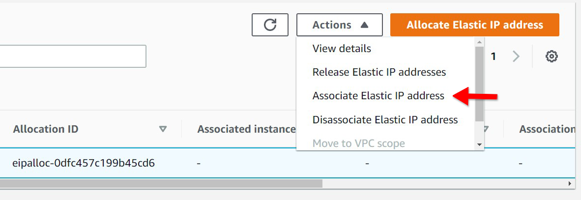 A screenshot of the aws ec2 allocate elastic IP button