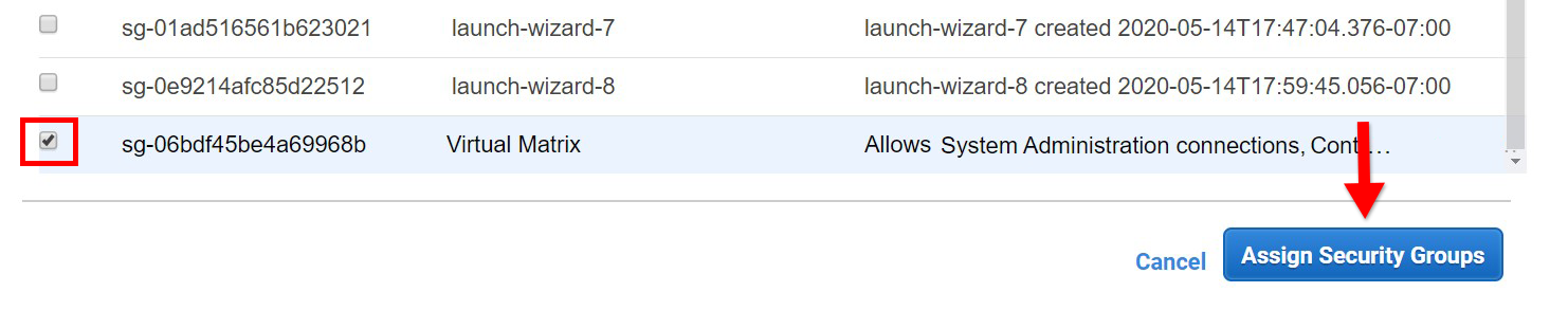 A screenshot of the aws ec2 assign security group button