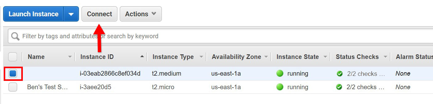 A screenshot of the aws ec2 server list
