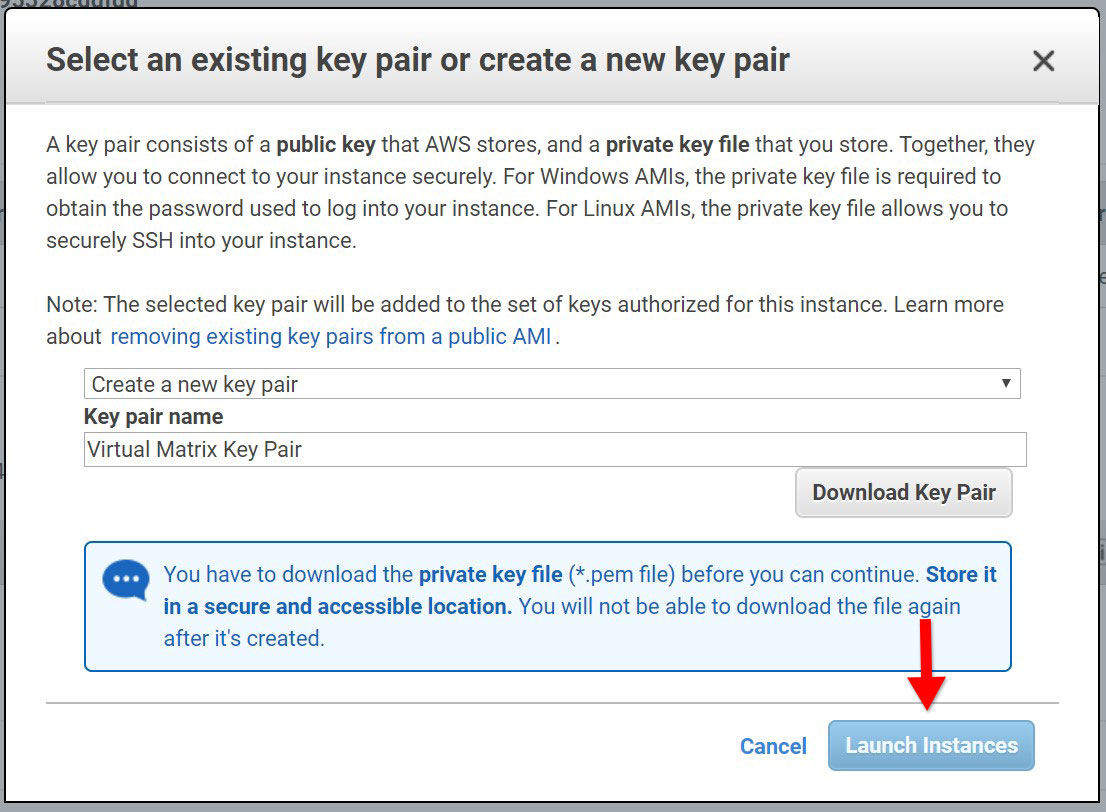 A screenshot of the aws ec2 key pair menu