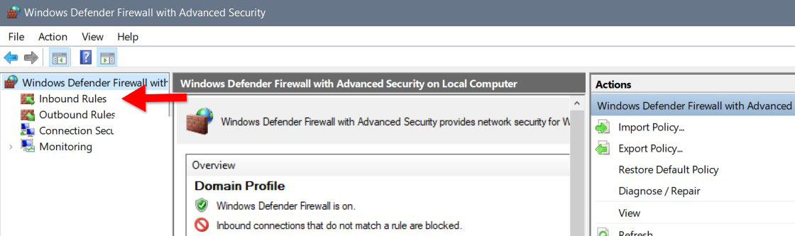 A screenshot of the windows firewall menu