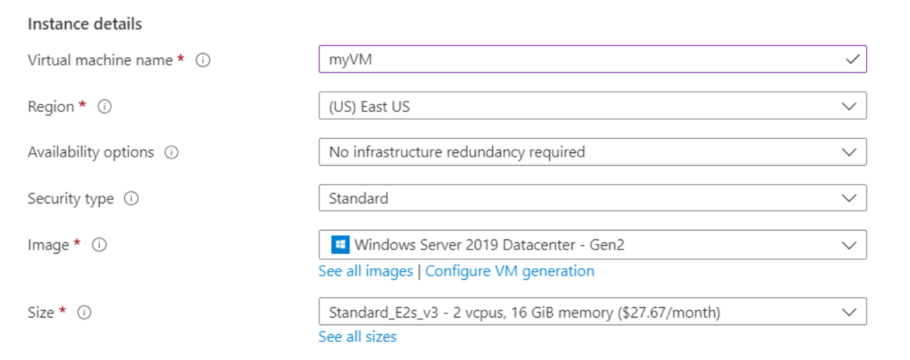 screenshot of azure instance details menu
