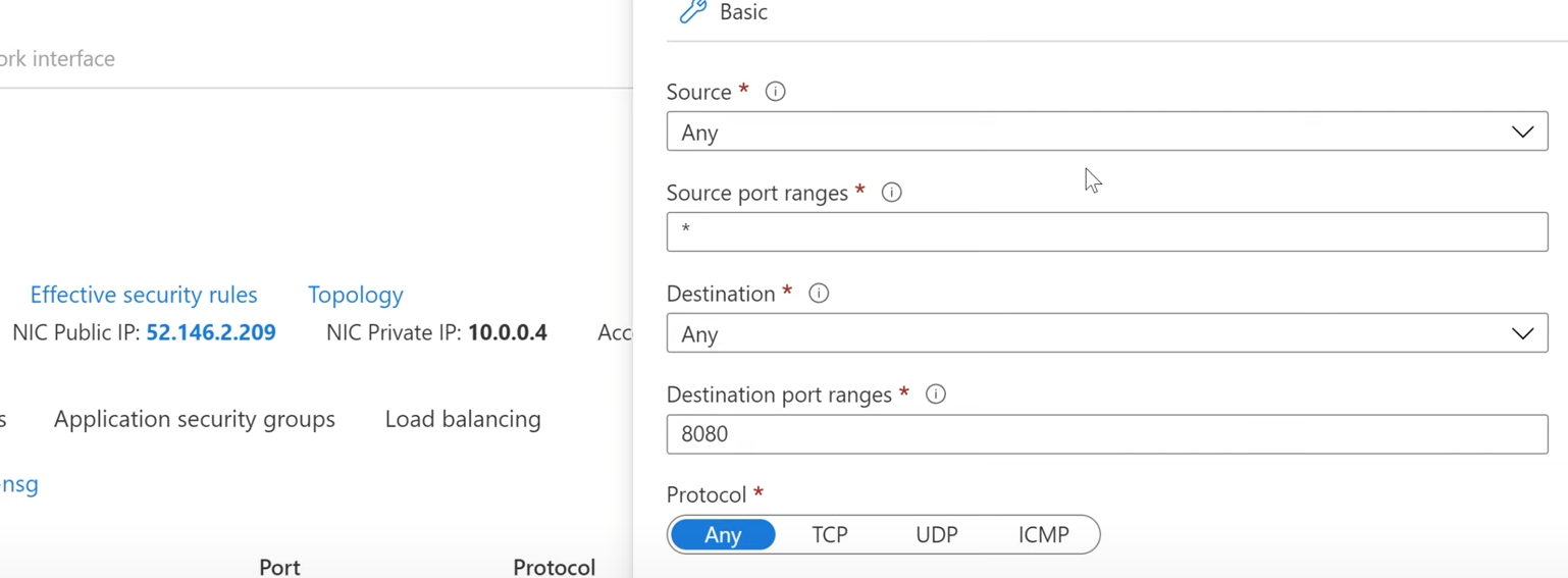 screenshot of azure port rule menu