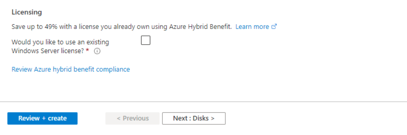 screenshot of azure licensing menu