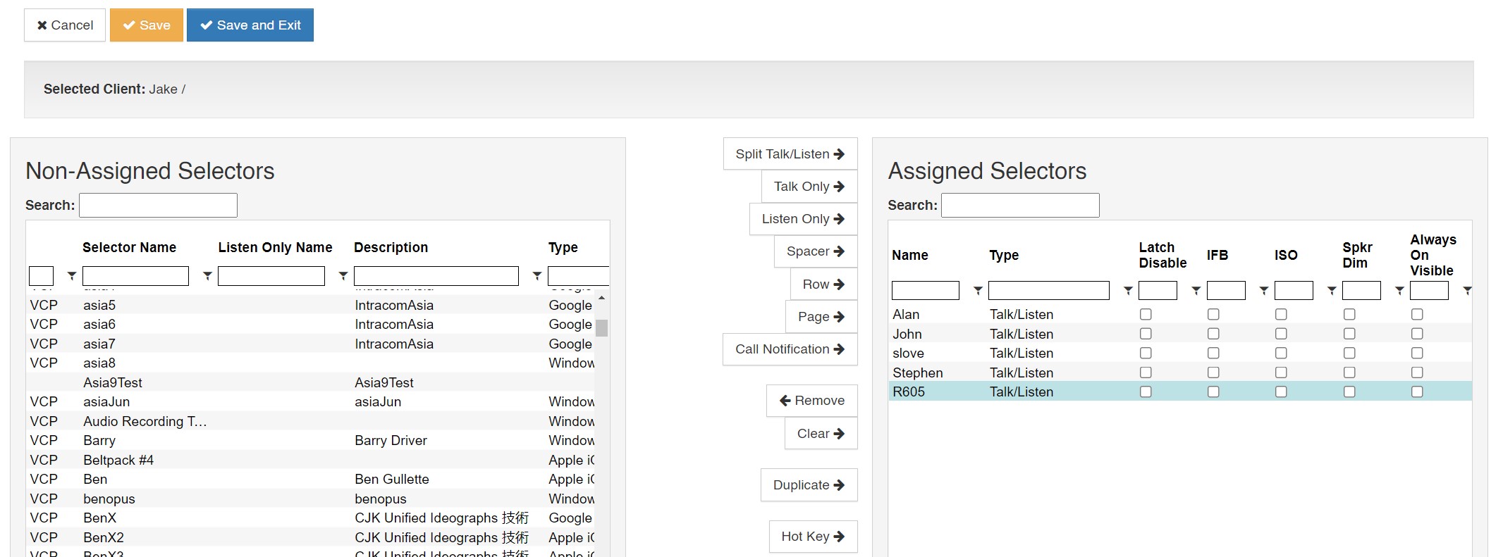 screenshot of vlink system administration selector assignments menu