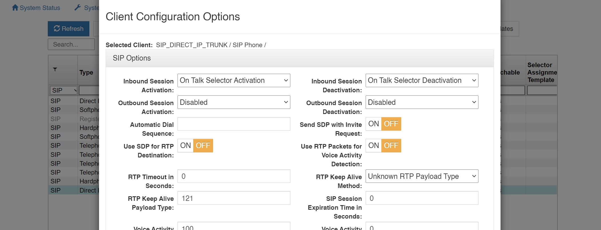 screenshot of vlink system administration sip tunk options menu