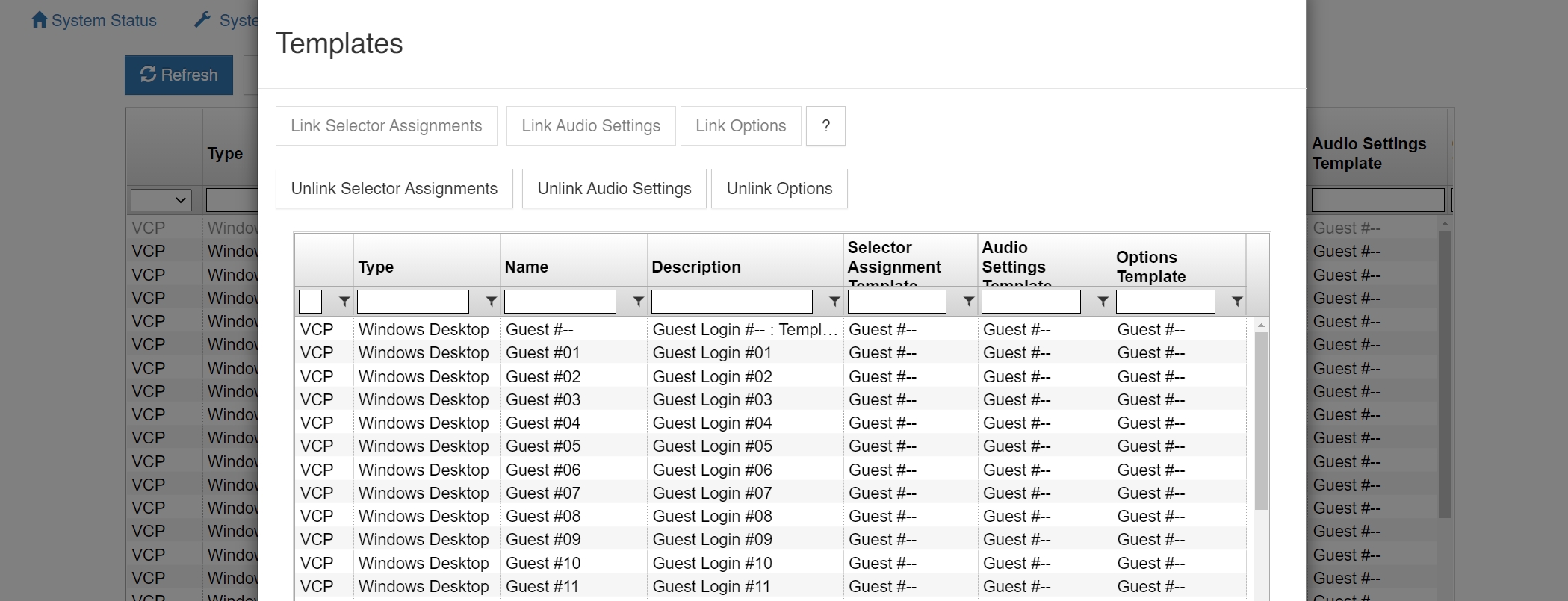 screenshot of vlink system administration templates menu