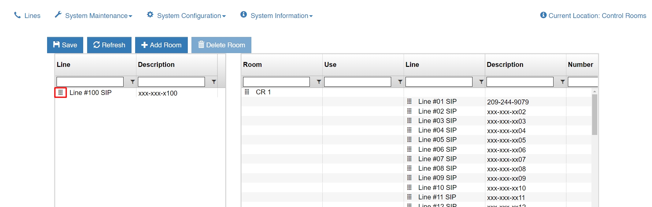 Screenshot of the control room menu SIP line