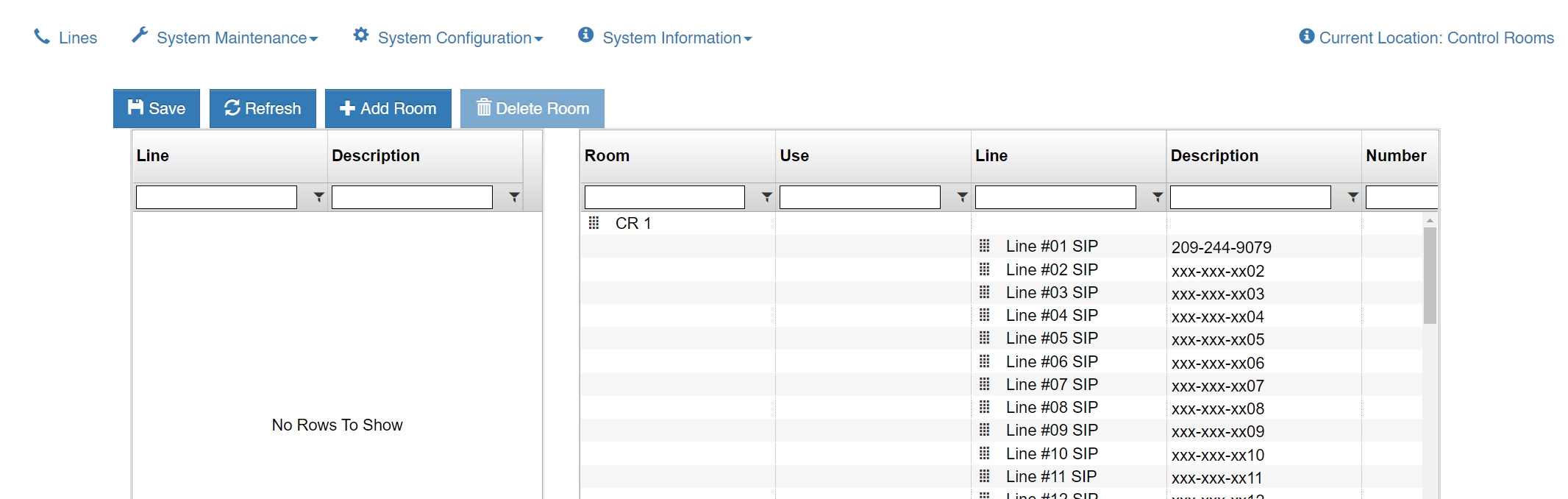 Screenshot of the control room menu