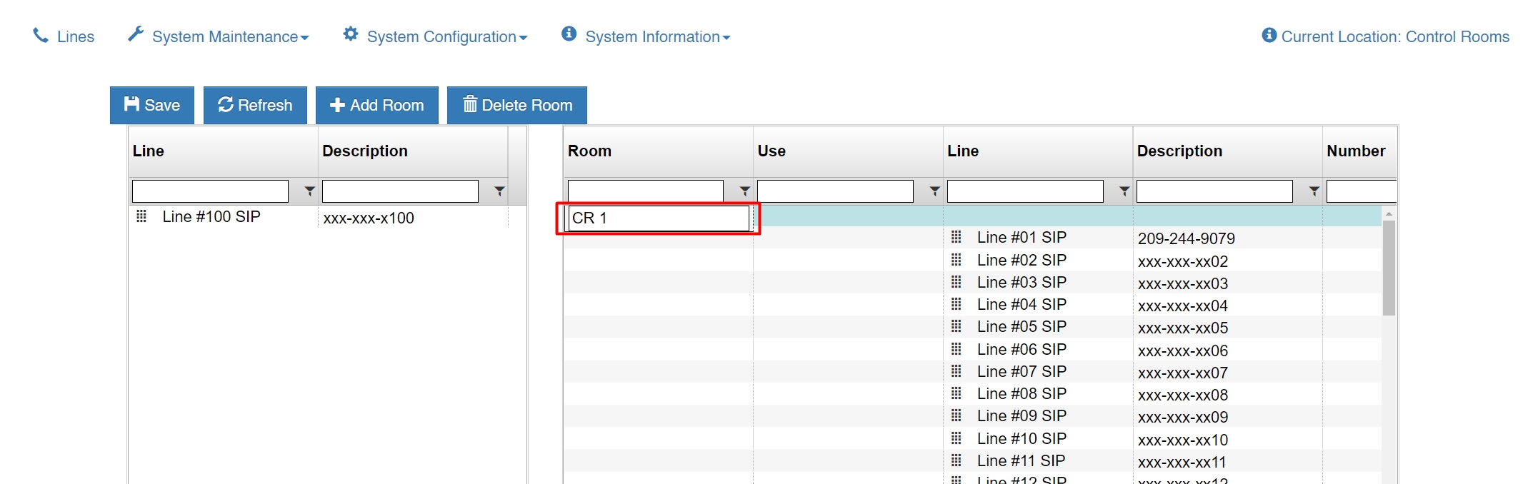 Screenshot of the control room menu changing name