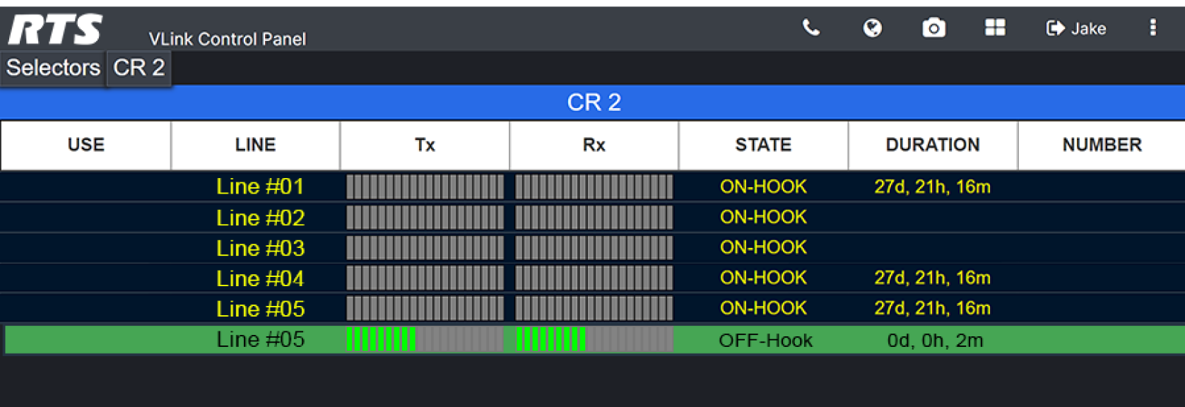 Screenshot of a vlink control room menu