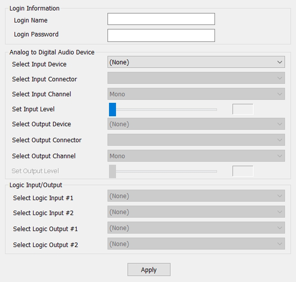 screenshot of the VLink Device Interface new device configuration menu