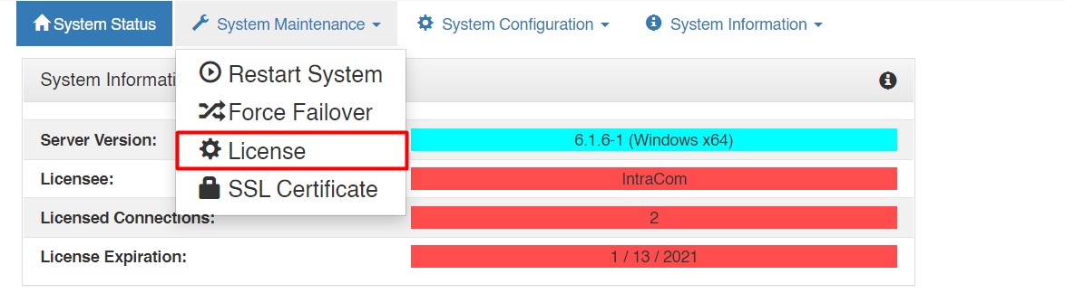 screenshot of vlink system administration licensing menu