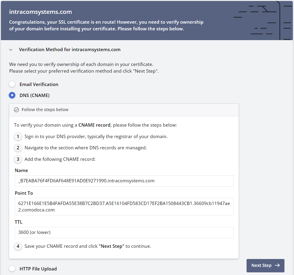 screenshot of zerossl menu
