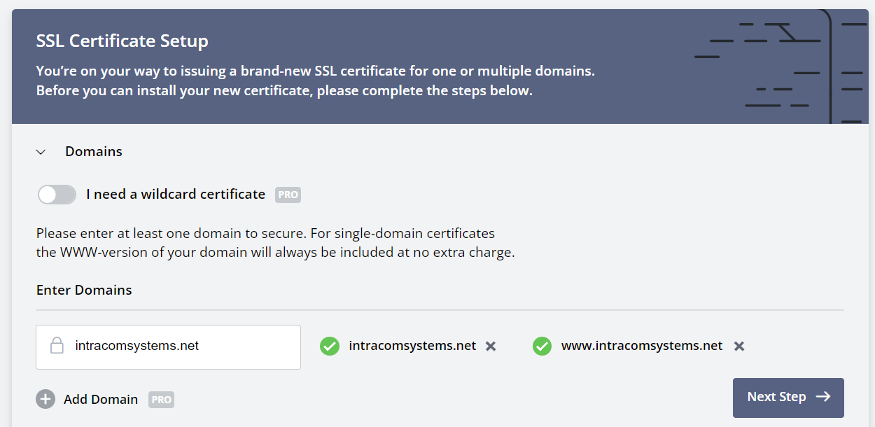 screenshot of zerossl menu