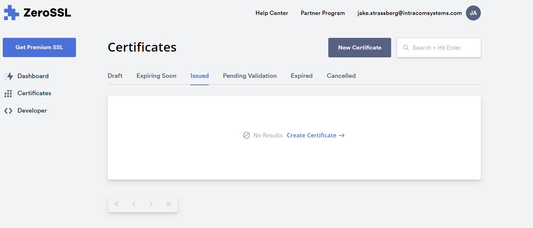 screenshot of zerossl menu
