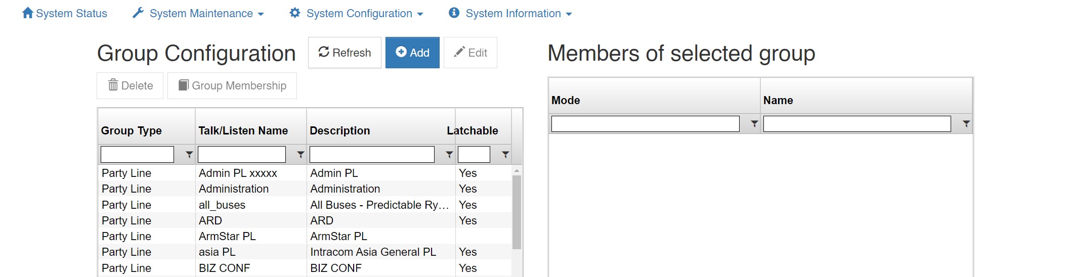 screenshot of vlink system administration group configuration menu