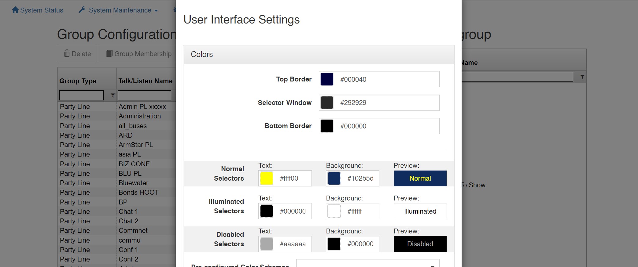 screenshot of vlink system administration user interface settings menu
