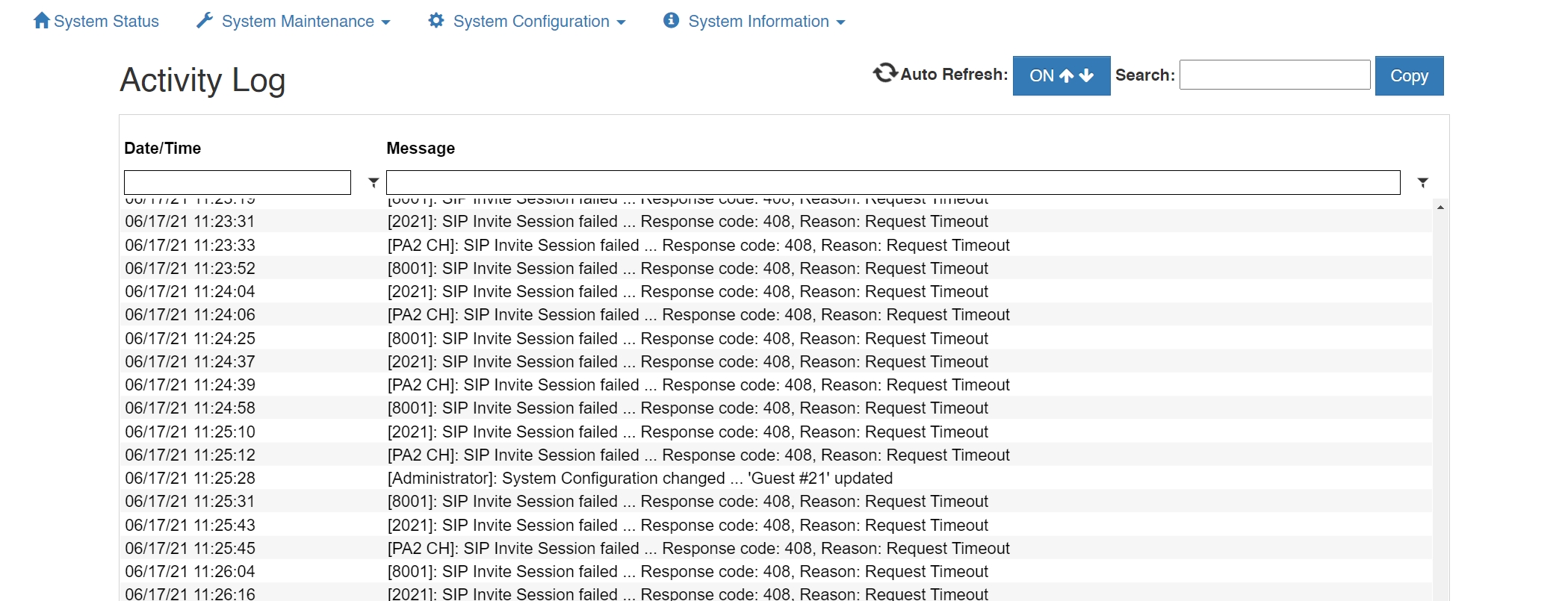 screenshot of vlink system administration activity log