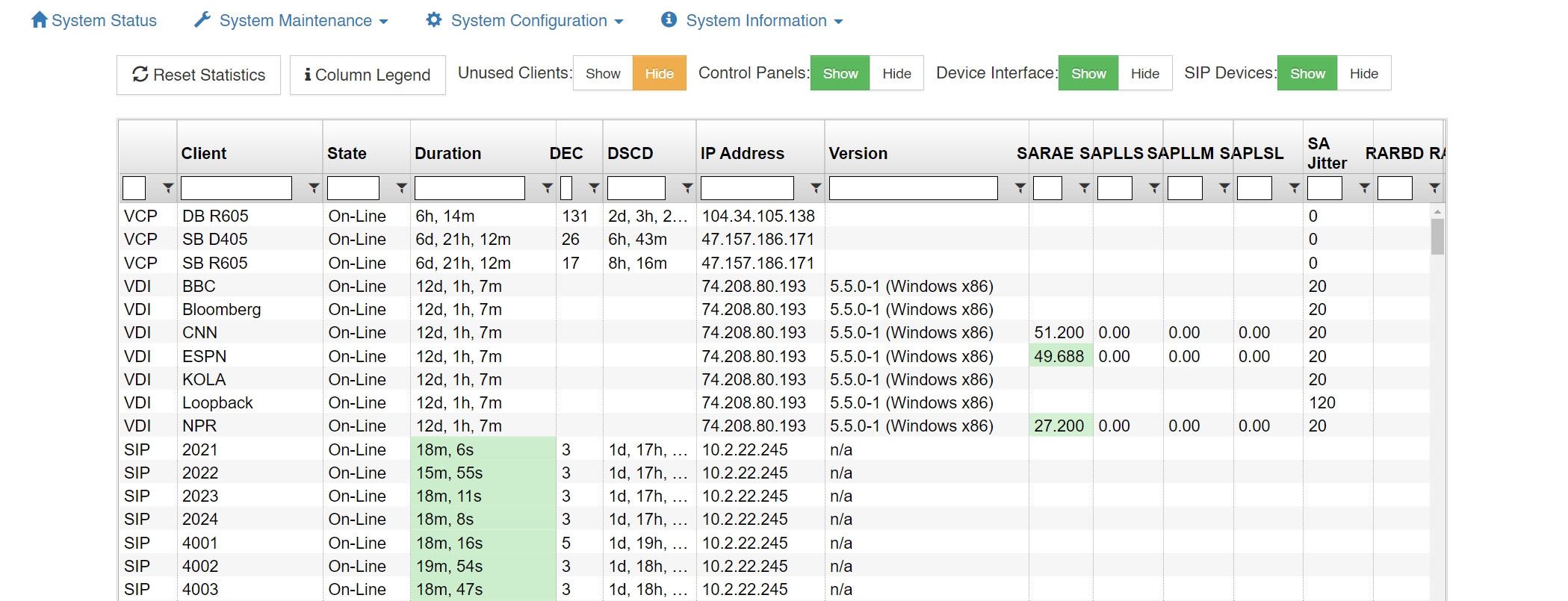 screenshot of vlink system administration client statistics menu