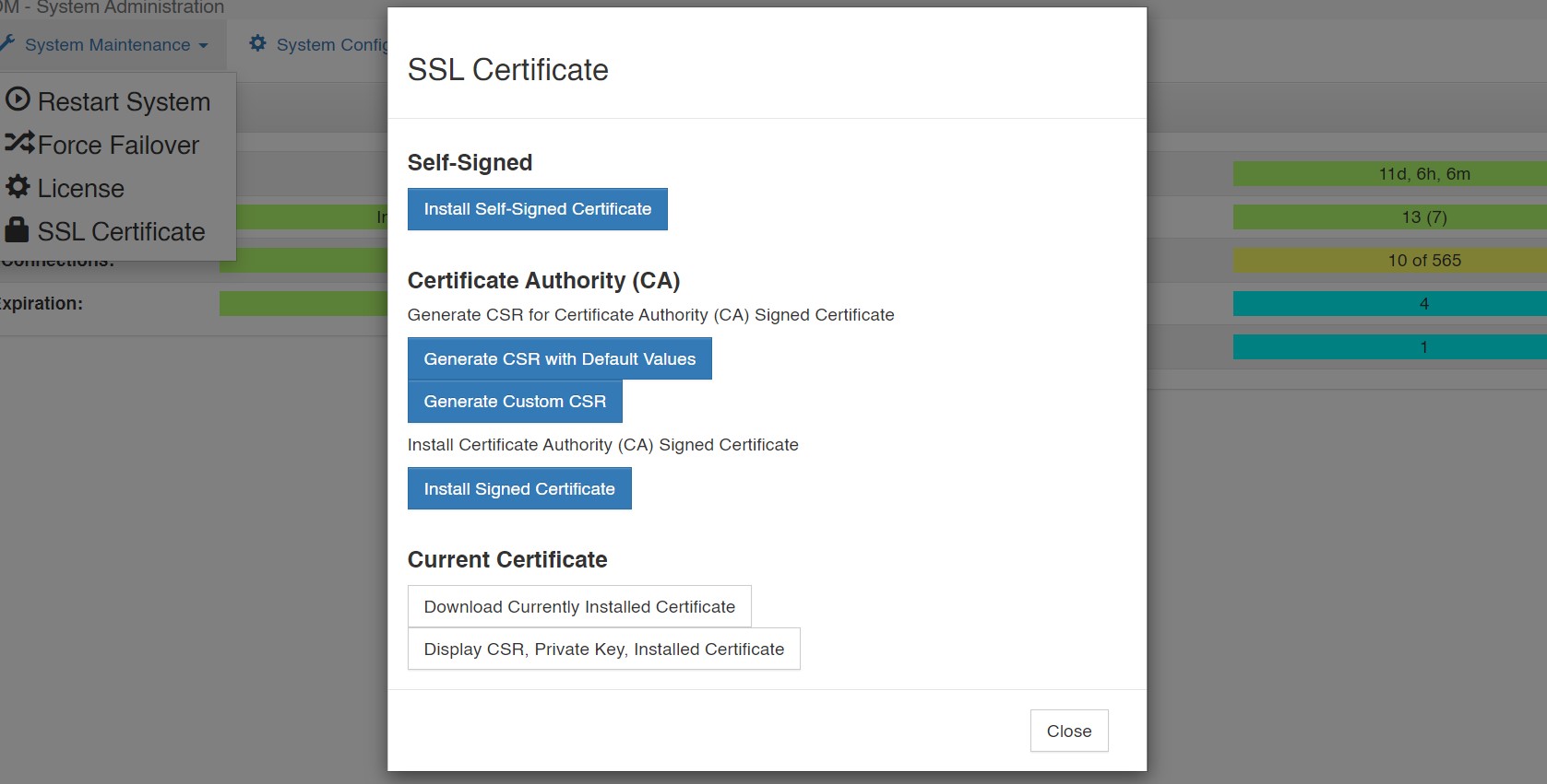screenshot of vlink system administration ssl certificate menu