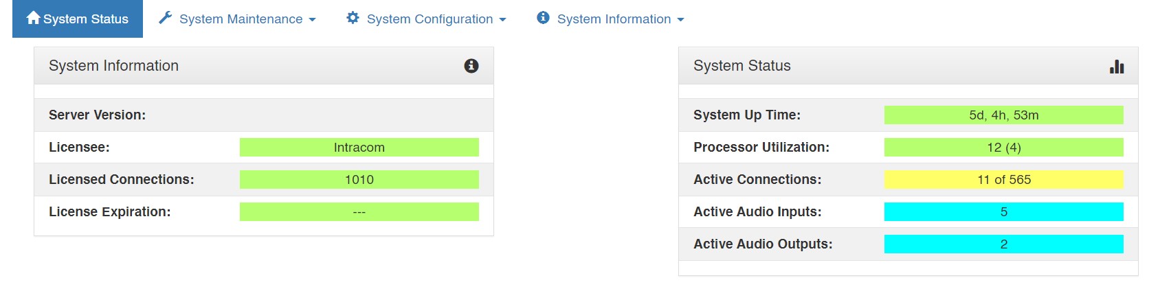 screenshot of vlink system administration system status menu