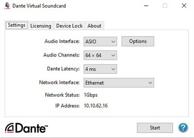 screenshot of dante virtual soundcard