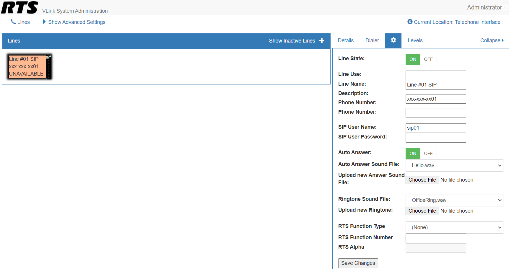 screenshot of vlink tif phone line settings
