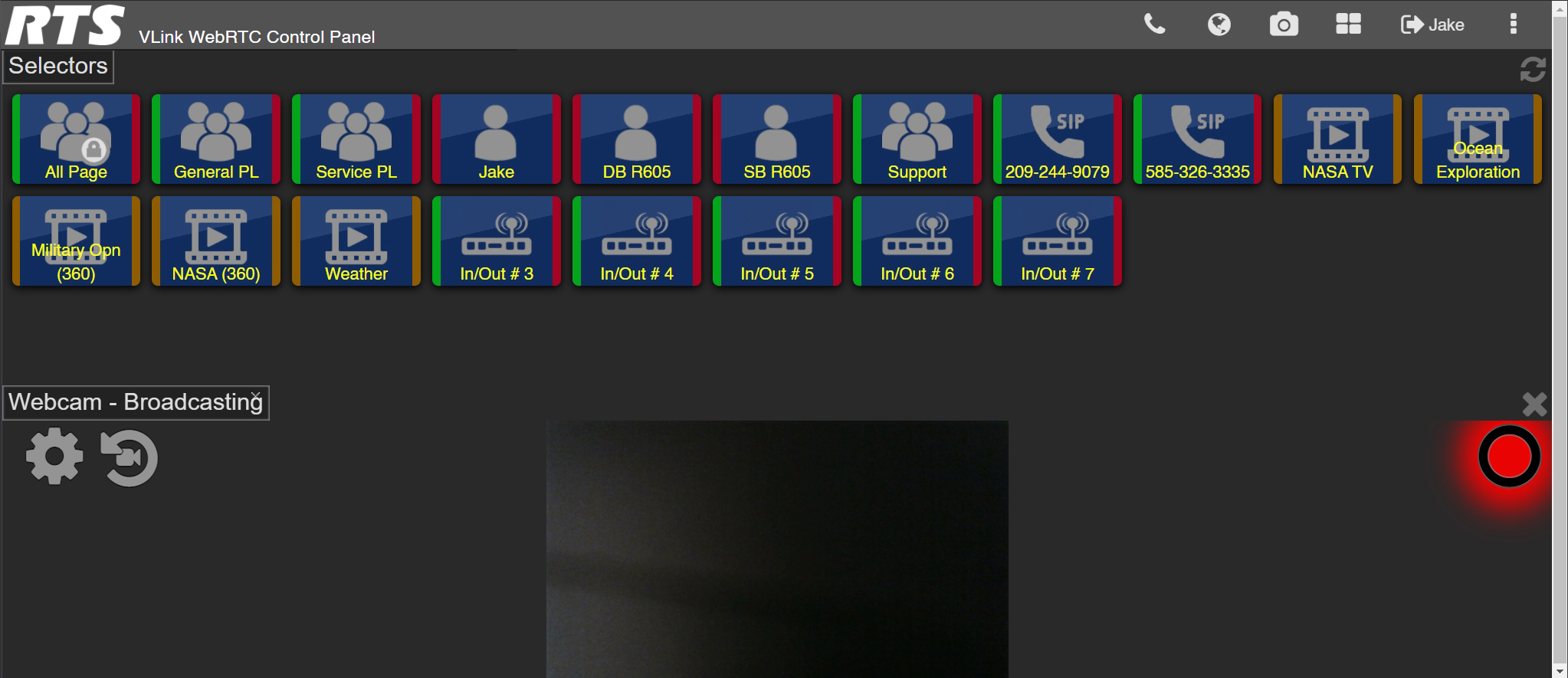 screenshot of vlink webrtc control panel with video streaming