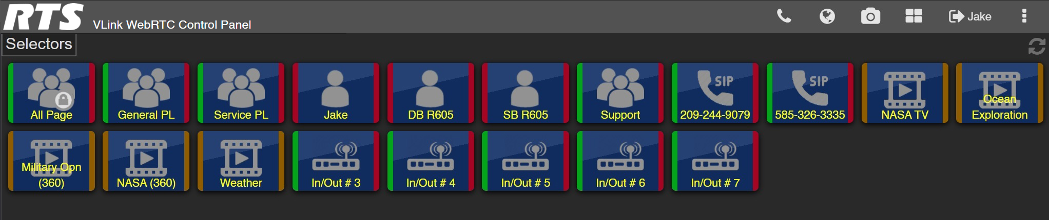 screenshot of vlink webrtc control panel