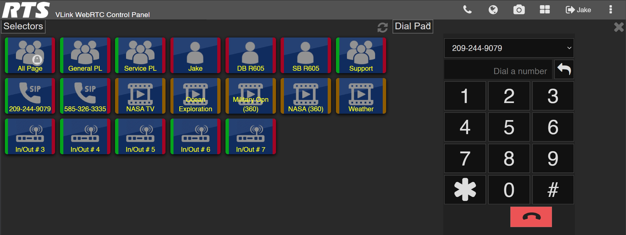screenshot of vlink webrtc control panel with dialpad shown