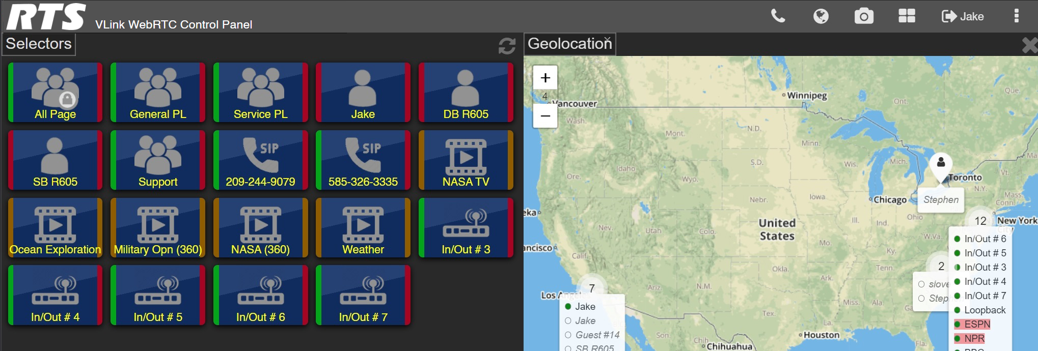 screenshot of vlink webrtc control panel geolocation shown
