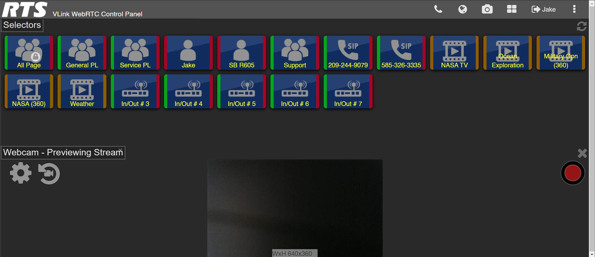 screenshot of vlink webrtc control panel with video streaming menu shown