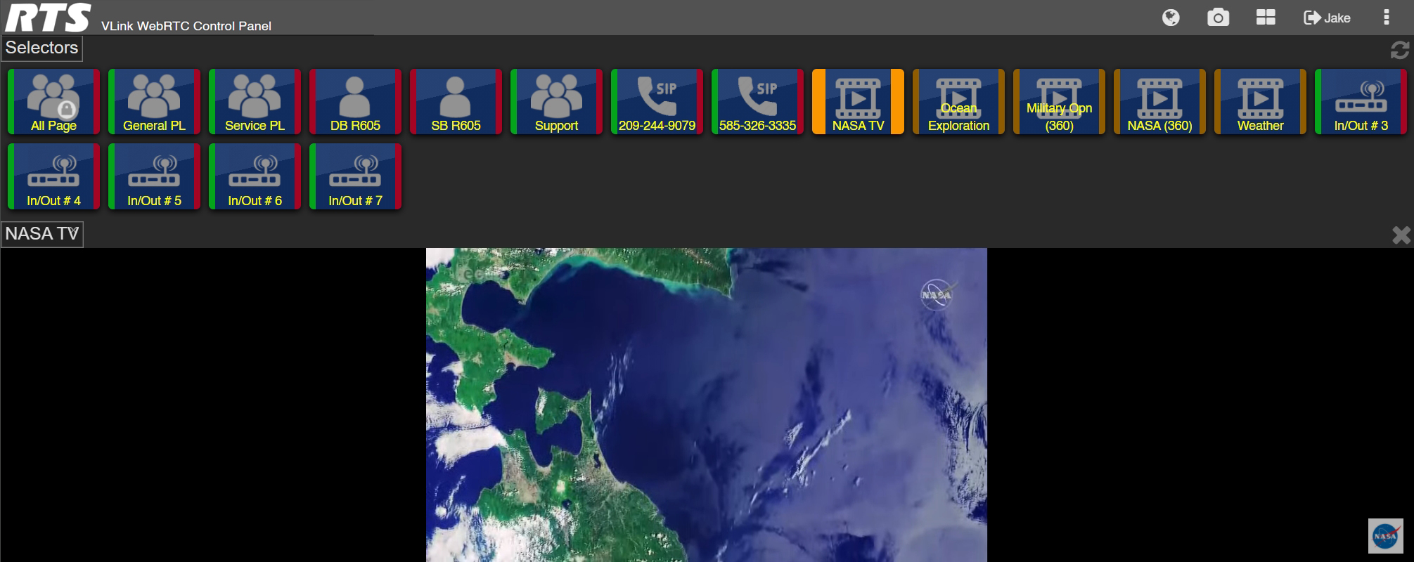 screenshot of vlink webrtc control panel with video playing